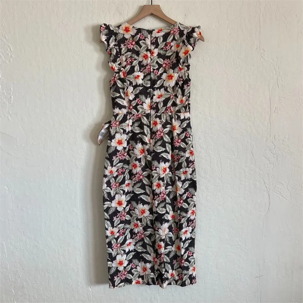 Rebecca Taylor Linen Cotton Kamea Floral Wrap Sleeveless Ruffle Midi Dress 6